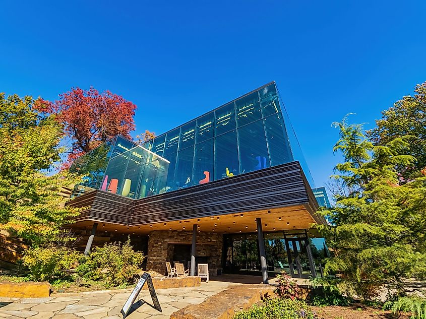 Beautiful fall colors of William Lodge at Gathering Place Park, Tulsa, Oklahoma