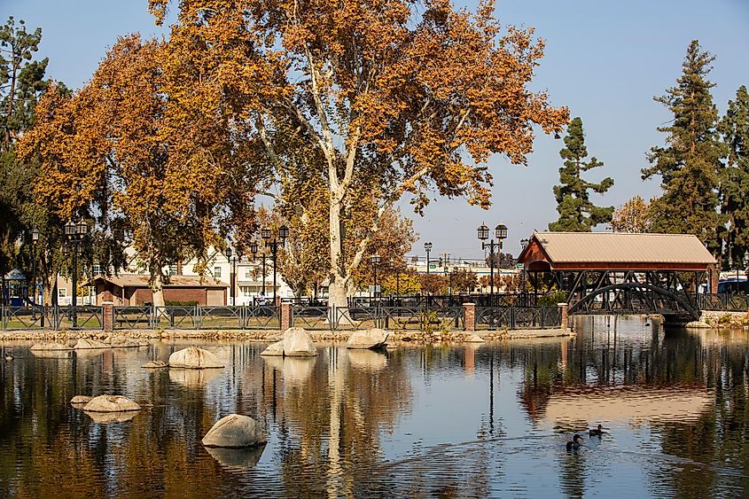Afternoon autumn view of a public park in downtown Bakersfield, California
