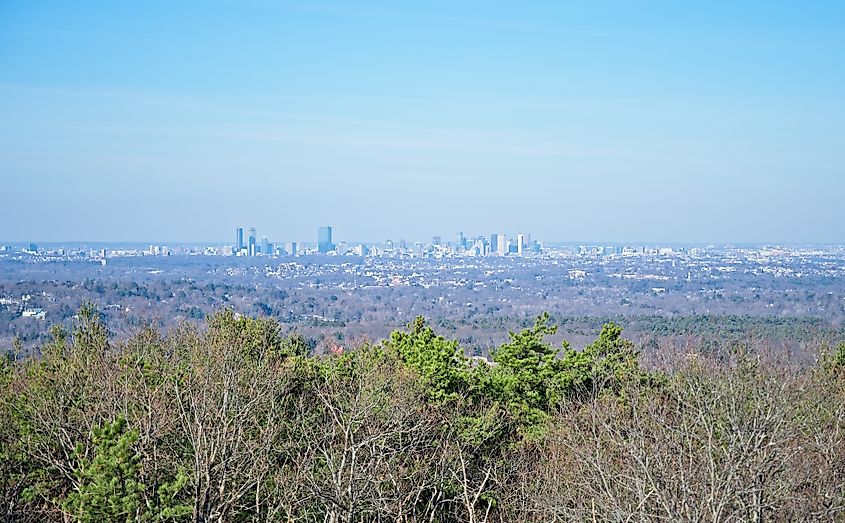 View of the Boston skyline from the top of Blue Hills Reservation, Massachusetts.