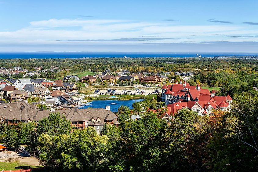 Aerial view of Blue Mountain resort and village in Collingwood, Ontario, Canada