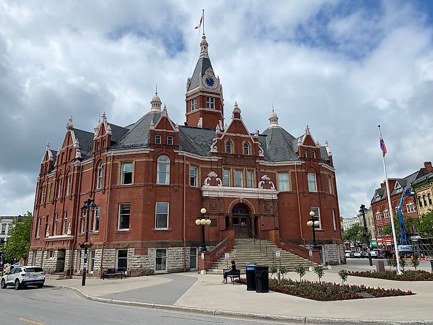The massive, red-bricked city hall of Stratford, Ontario