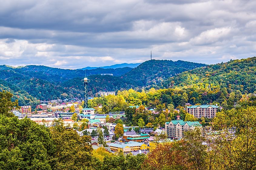 Gatlinburg, Tennessee, USA town skyline in the Smoky Mountains