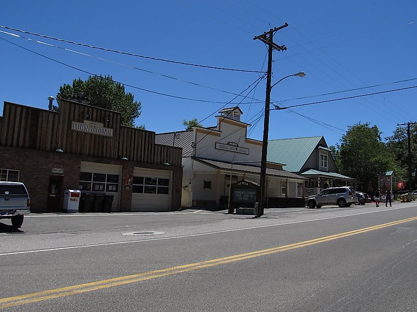 Genoa is an unincorporated town in Douglas County, Nevada, United States. Founded in 1850, it was the first settlement in what became the Nevada Territory. It is situated within Carson River Valley and is about 42 miles (68 km) south of Reno, By Ken Lund - Flickr, CC BY-SA 2.0, https://commons.wikimedia.org/w/index.php?curid=84573625