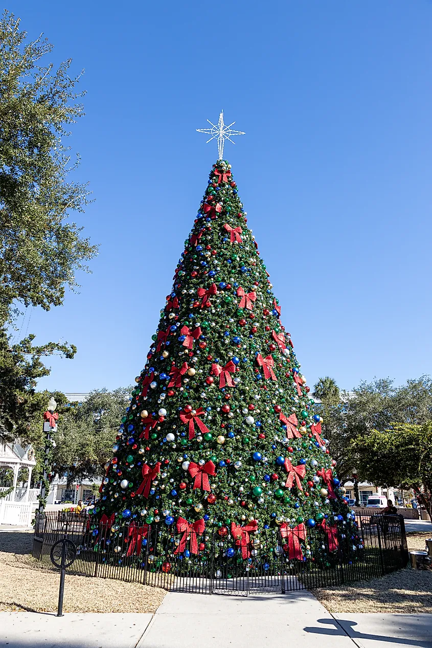 Christmas tree on the historic downtown square in Ocala Florida on a beautiful sunny afternoon