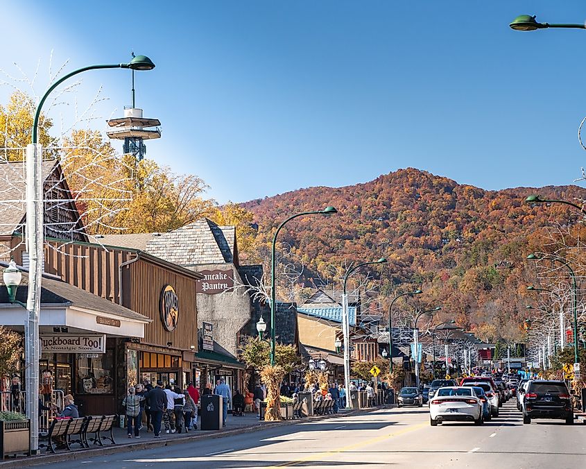 Street view of popular tourist city of Gatlinburg Tennessee in the Smoky Mountains