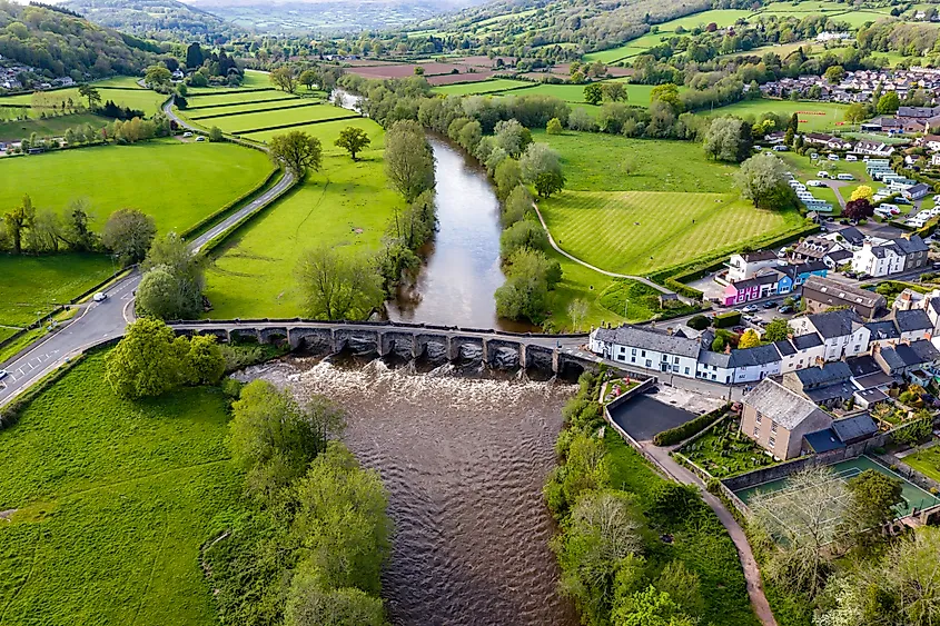 Aerial view of River Usk in Crickhowell, Wales, the UK.