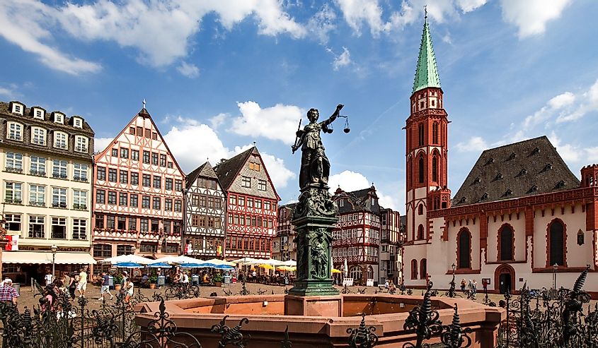 Romerberg old town square in Frankfurt, Germany on a beautiful sunny day