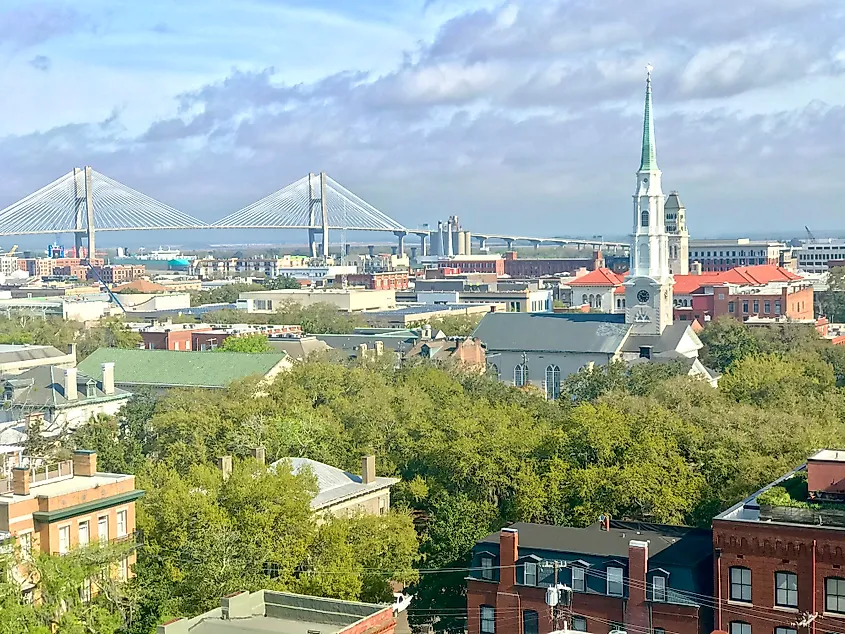 A historic oak-lined square in Savannah, Georgia.