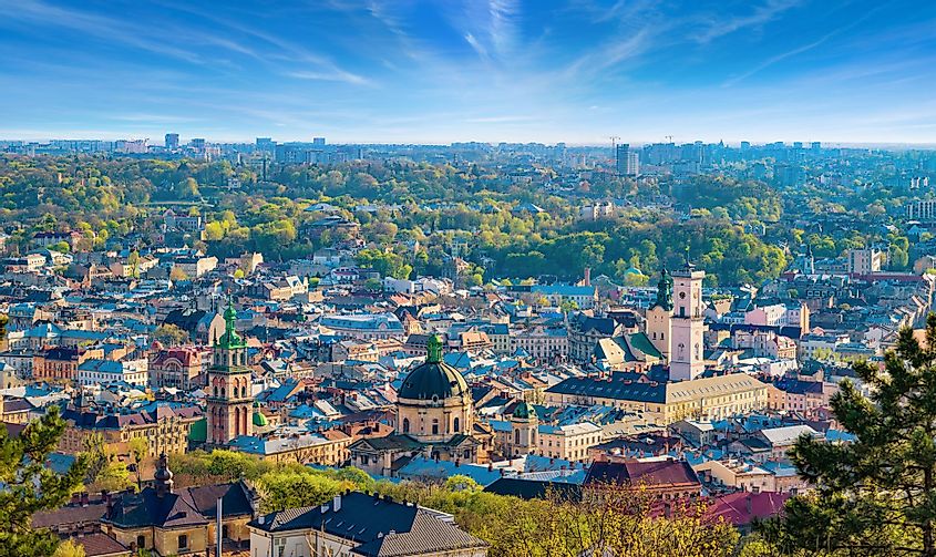 Panoramic aerial view of the colorful houses in the historical center of Lviv, Ukraine
