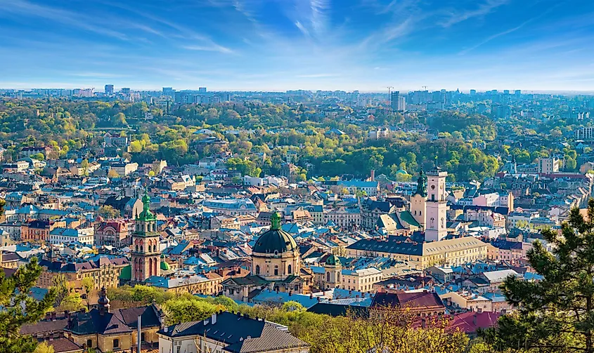 Panoramic aerial view of the colorful houses in the historical center of Lviv, Ukraine