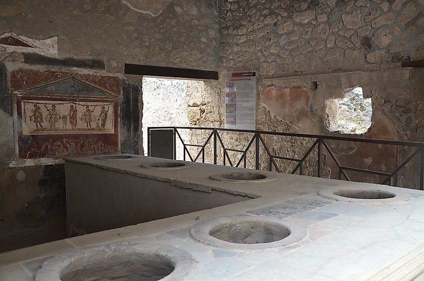 A thermopolium in Pompeii, where hot food would be prepared and sold.