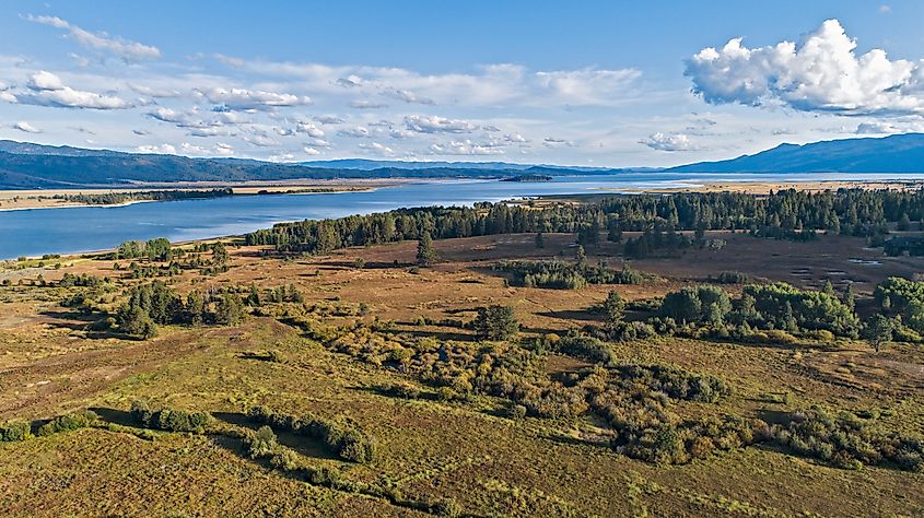 Drone aerial view of Cascade Lake in Cascade, Idaho