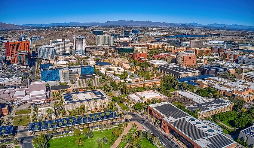 Aerial View of a large Public University in the Phoenix Suburb of Tempe, Arizona