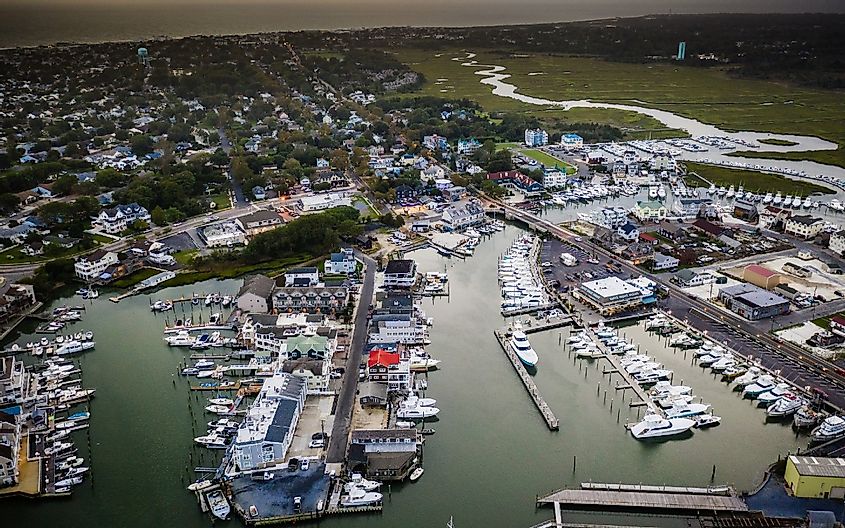 Aerial view of Cape May New Jersey with boats in the harbor
