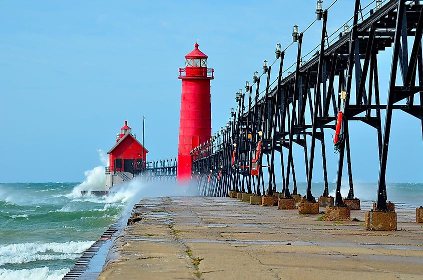 Aerial view of the lighthouse at Grand Haven, Michigan.