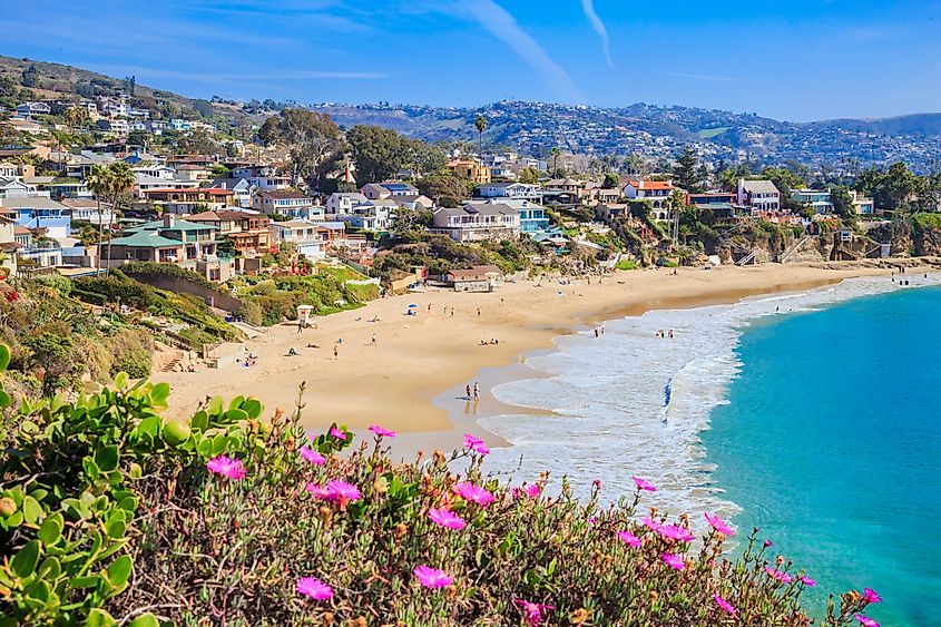 Sandy beaches along the shore in Laguna Beach, California.