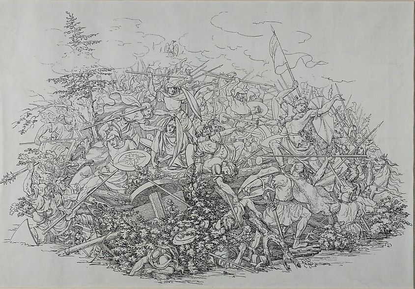 Martin Disteli's 1830s lithograph of Varus falling on his sword during the Battle of Teutoburg Forest
