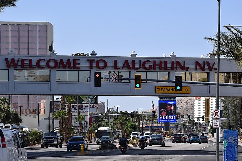 Welcome sign for Laughlin Nevada and street scene, via Thomas Trompeter / Shutterstock.com