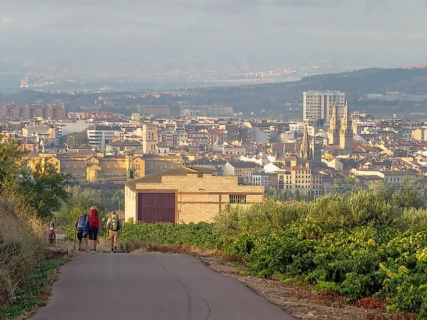 Camino pilgrims descend to Logrono, La Rioja, Spain