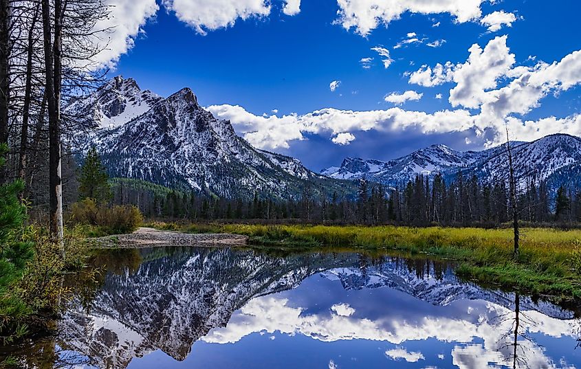 McGown Peak near Stanley, Idaho, reflected in a wetland pond near Stanley Lake.