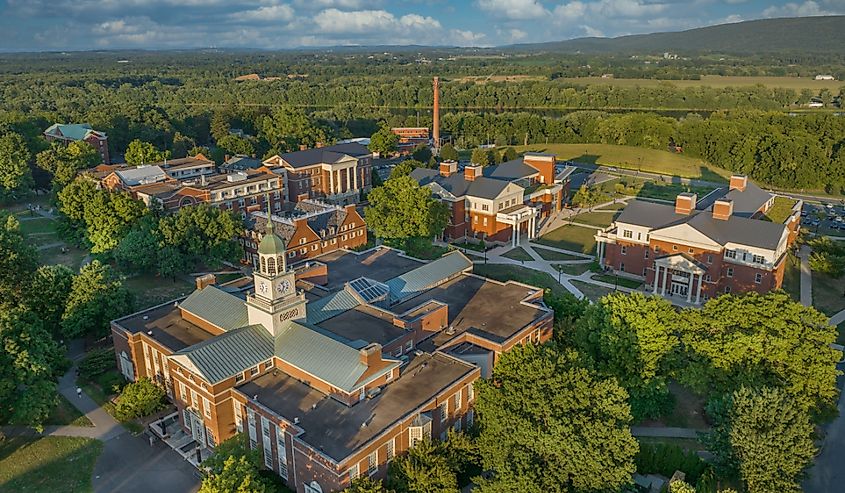 Aerial view of Bucknell University in Lewisburg Pennsylvania science center brick colonial style buildings