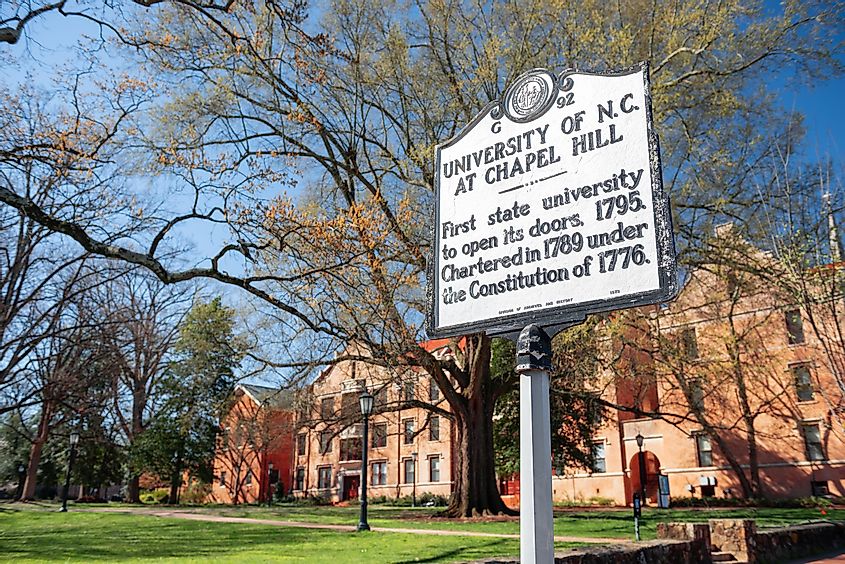 Chapel Hill campus and sign in North Carolina, via Sean Pavone / Shutterstock.com