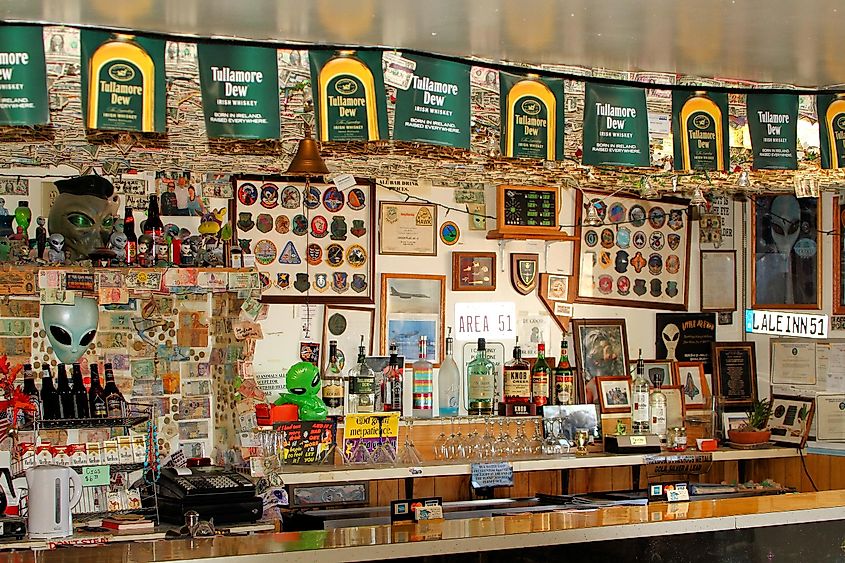 Inside the bar/cafe at the Little A'le'inn, full of air force memorabilia, souvenirs,etc. 