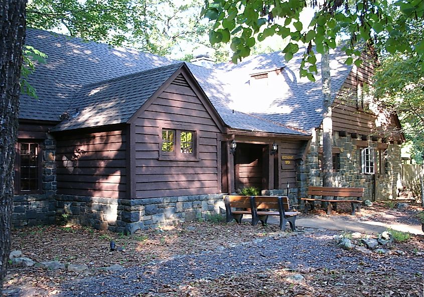 The dining lodge at Sam A. Baker State Park was built by the CCC of native stone and wood.