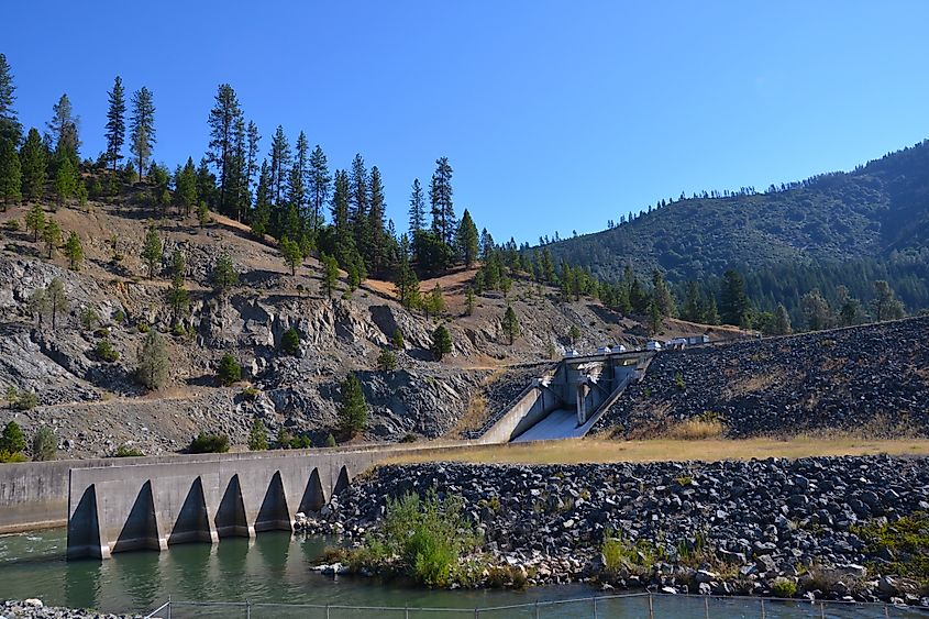 Lewiston Dam is an earthfill structure 91 feet high and 754 feet long, forming a reservoir with a capacity of 14,660 acre-feet.