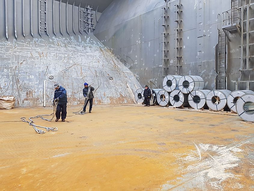 Steel loading operation on a bulk carrier in port of Incheon, South Korea