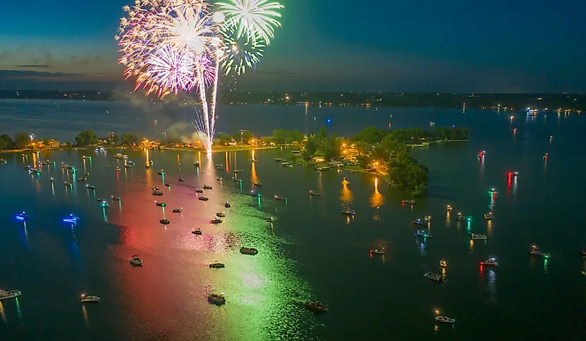 Aerial View of Fireworks at Lake Madison, South Dakota at dusk