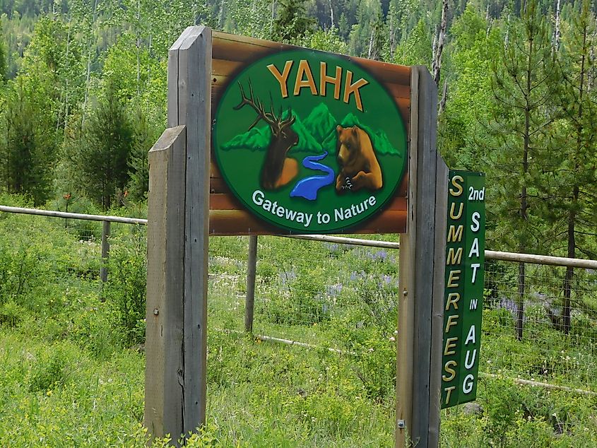 Welcome sign to Yahk, British Columbia, Canada