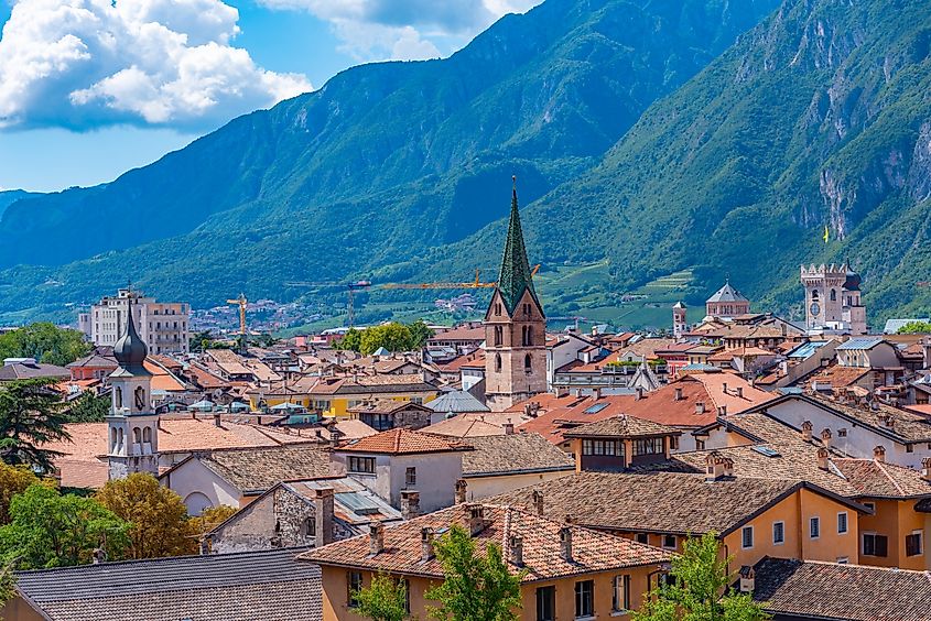 Aerial view of the old town of Italian city Trento.
