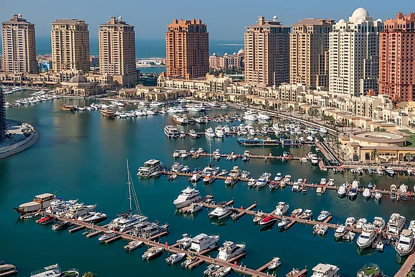  Beautiful Aerial View of Pearl Qatar artificial island. Porto Arabia