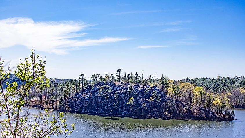 Scenic view of a rock outcropping on Lake Martin on an early spring day.