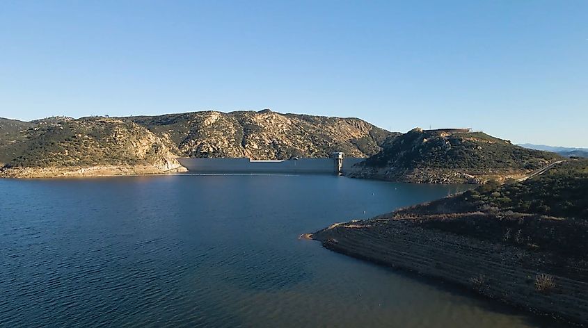 Aerial drone photography of San Vicente Reservoir and Dam located in the Cuyamaca Mountains of San Diego County