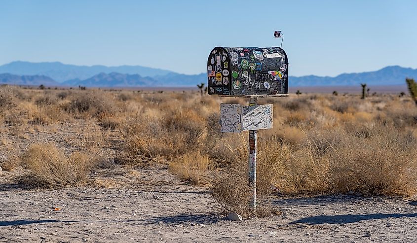 The so-called "Black Mailbox" on SR-375 dubbed the Extraterrestrial Highway has been a gathering place for UFO seekers for many years in Alamo, Nevada.