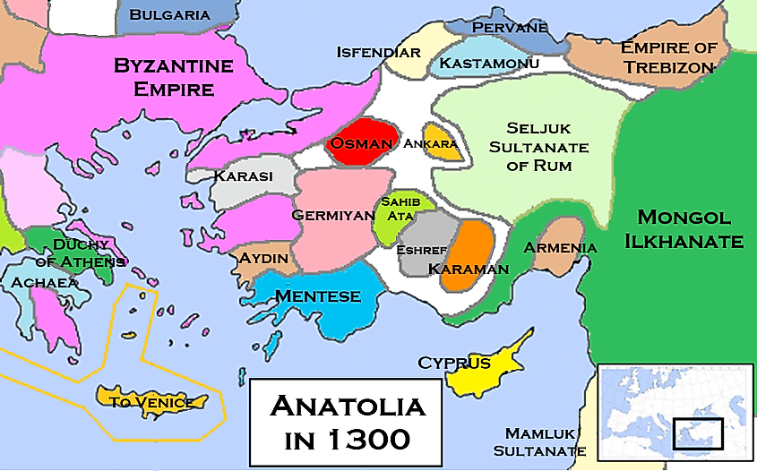 A map of Anatolian Beyliks in 1300.