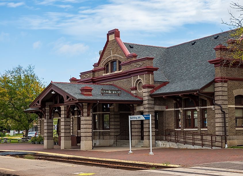 Facade of the historic Amtrak railway station in small town of Red Wing, Minnesota.