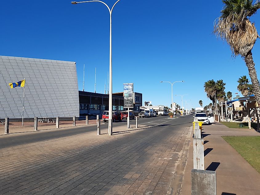 Denham, Western Australia's, Knight Terrace with the Shark Bay World Heritage Discovery & Visitor Centre on the left.