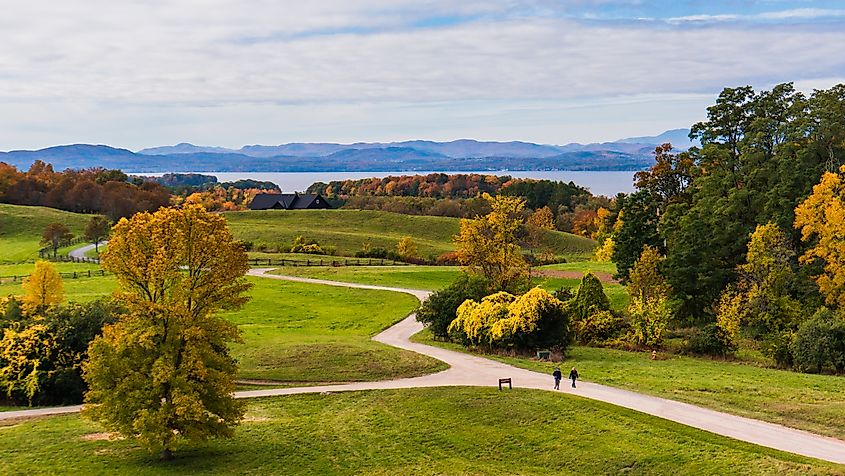 View of Lake Champlain and the Adirondack Mountains in New York from Shelburne Farms in Vermont.