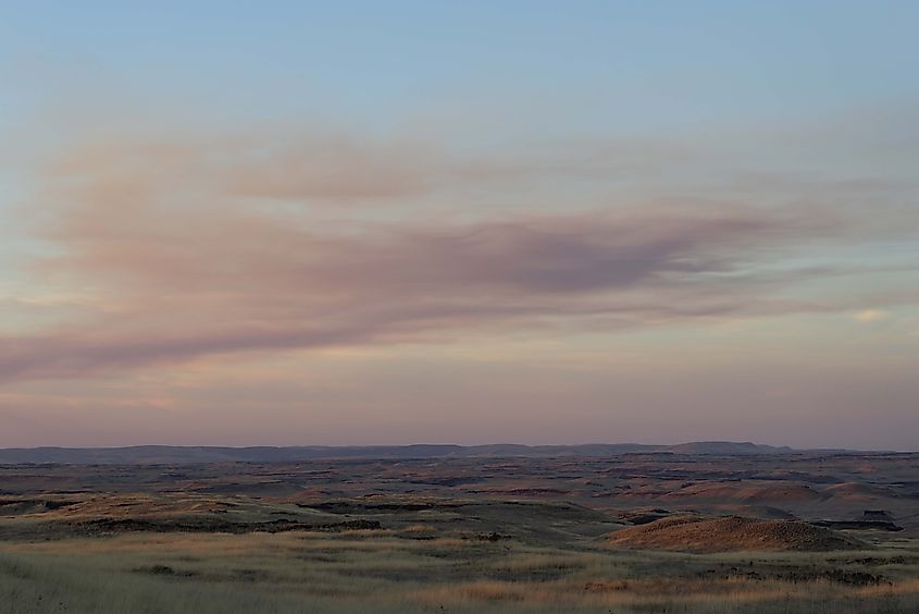 Evening skies over the grasses near Palouse Falls, where Palouse and the Channeled Scablands intermix. Photo by Brendan Cane
