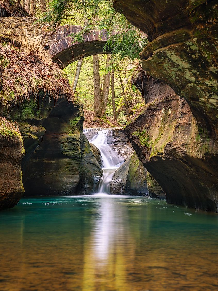 An image of the lower falls at The Devils Bathtub in Hocking Hills State Park in Hocking Hills Ohio. 