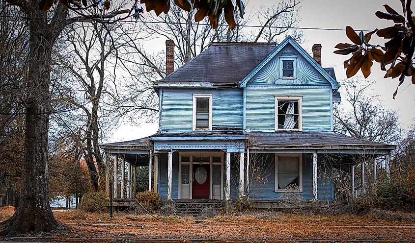 An old blue clapboard house in Greenville, Mississippi. 