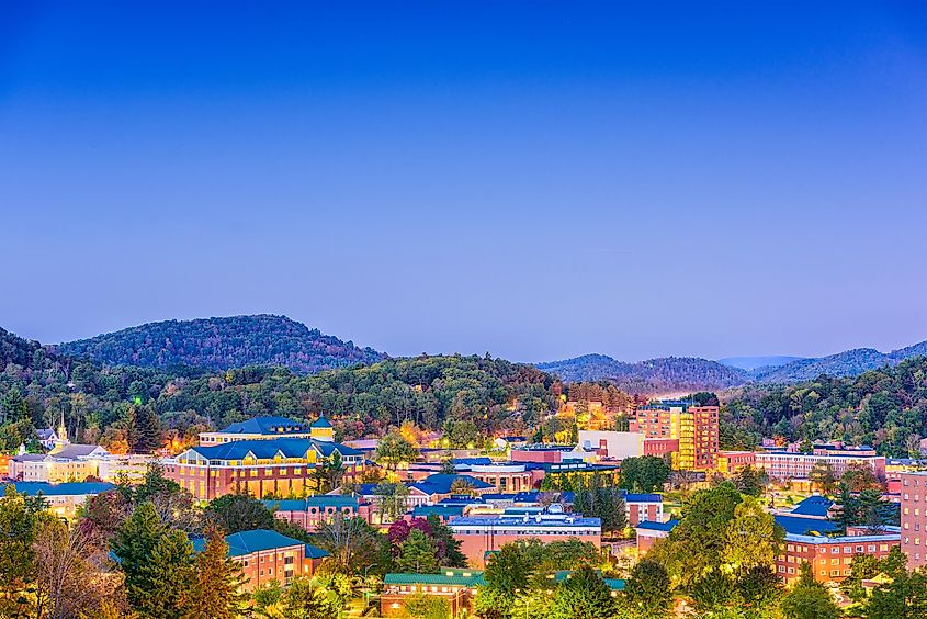 Boone, North Carolina, USA campus and town skyline.