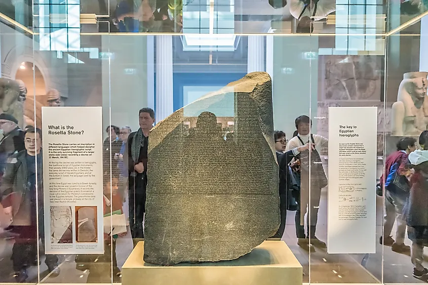 The Rosetta Stone is protected by bulletproof glass boxes in the British Museum, London, United Kingdom.