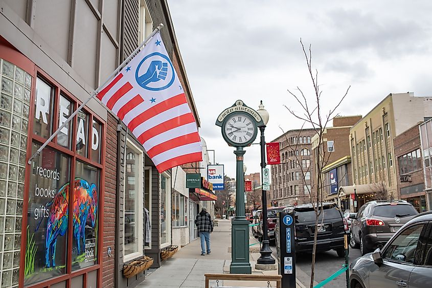 Urban life and traffic in downtown Helena, Montana.