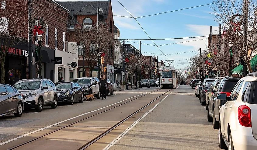 SEPTA tram is going through Media historic downtown