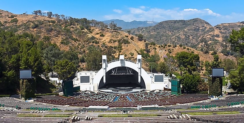 The concentric-arched band shell of the Hollywood Bowl amphitheater in Los Angeles.