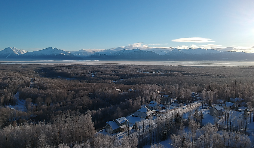 Drone picture of neighborhood, forest, Knik Arm, and mountains